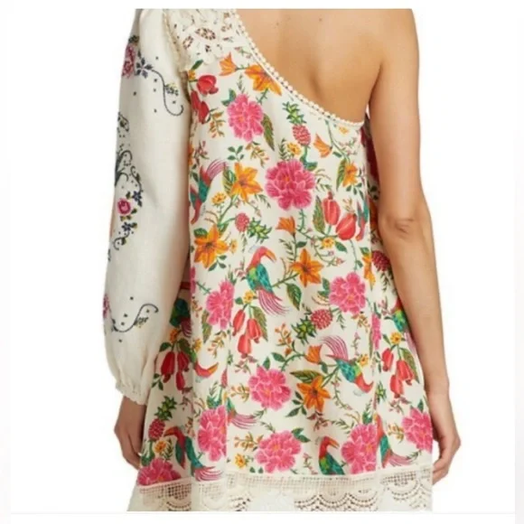 NWT Farm Rio Toucan's Garden Floral Embroidery One-Shoulder Linen Blend Dress - Picture 7 of 14